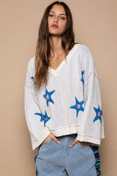 POL Long Sleeve Star Patch Sweater White OutfitFlow